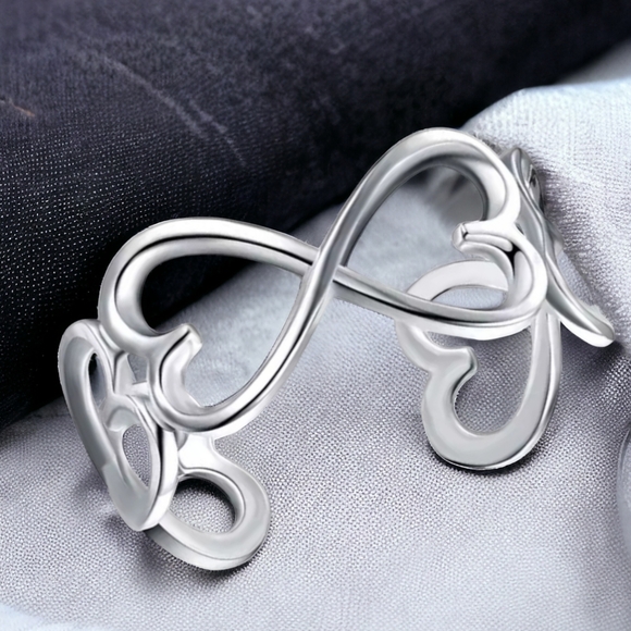 Silver 925 Double Loving Heart Cuff Bracelet - Picture 1 of 3